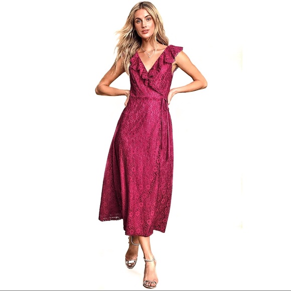 Lulus Dresses & Skirts - Lulu’s Effortless Elegance Lace Midi Wrap Dress